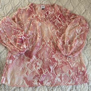 Cabi Bethany Blouse Snakeskin Print Lantern Sleeve Pink